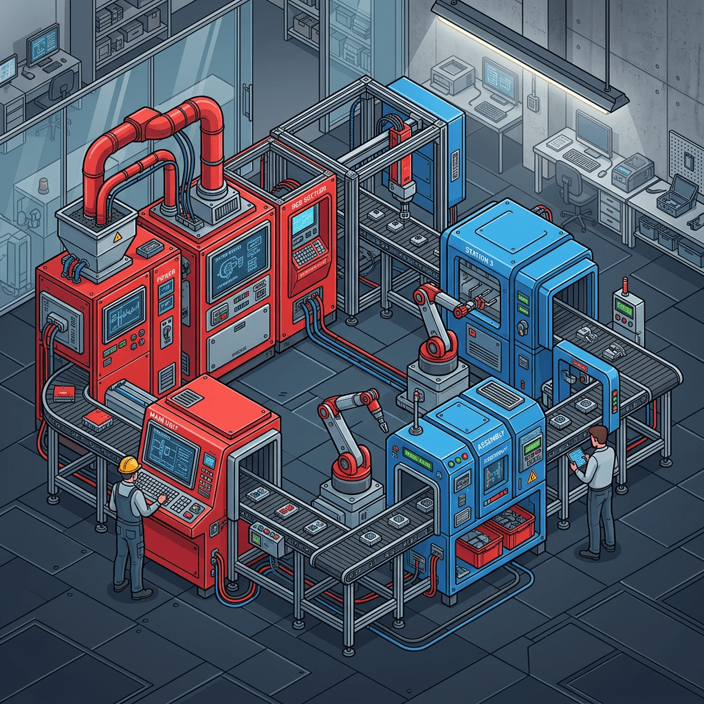 Robotic arms working on a conveyor belt in a modern automated manufacturing assembly line
